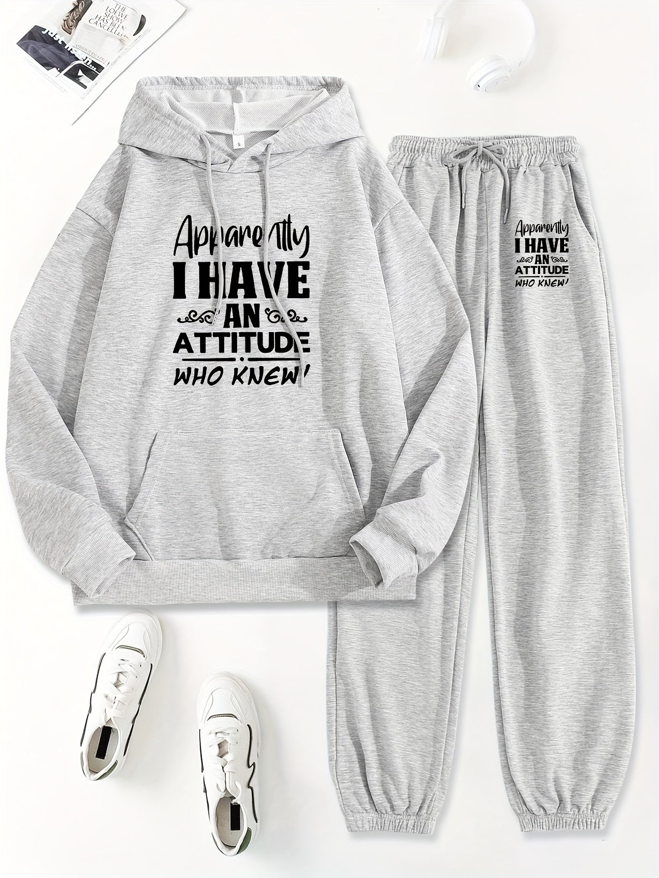 Conjunto casual de dos piezas para mujer con sudadera con capucha y pantalones con estampado de letras para otoño e invierno, poliéster, ajuste regular