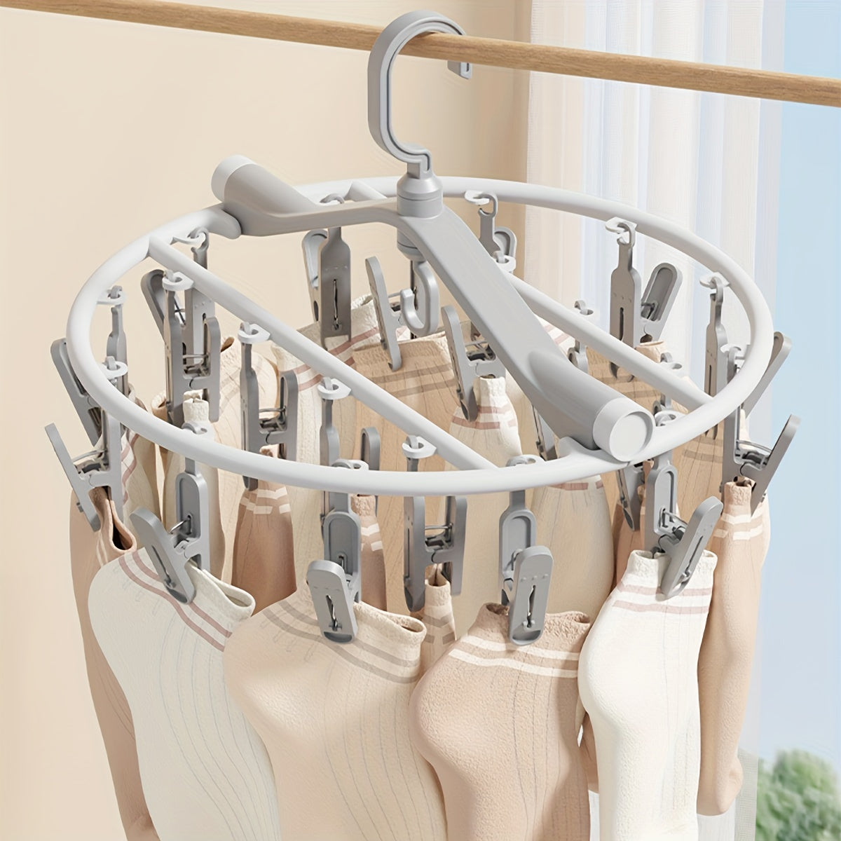 Multi-Functional Sock Hanger with Clothespins Foldable Underwear Drying Rack Windproof Hook