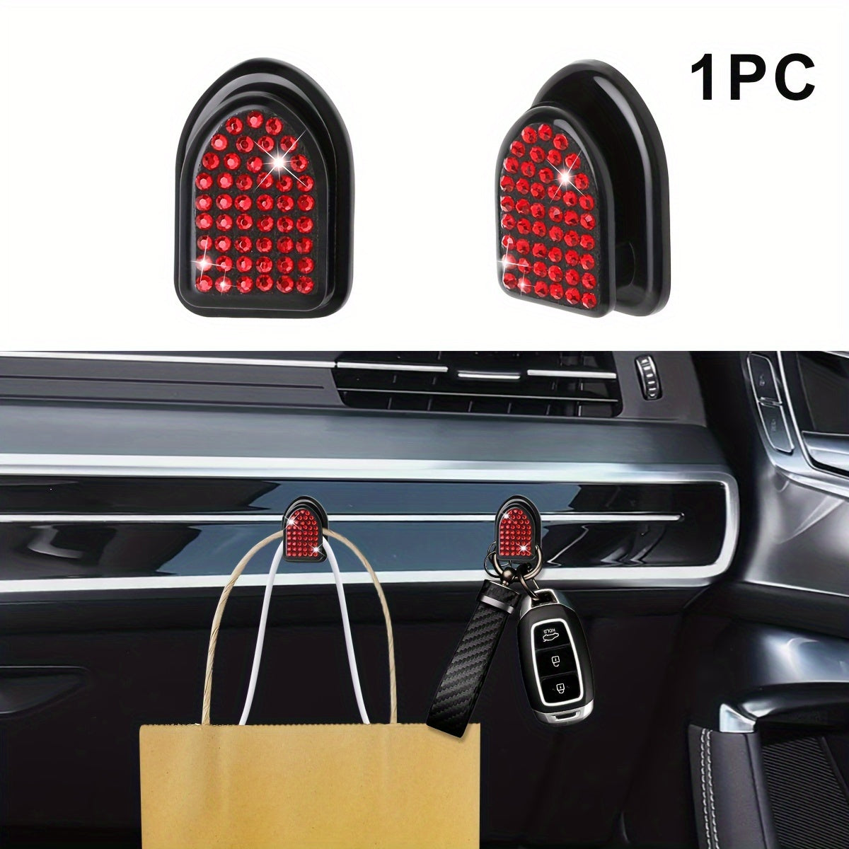 Car Interior Diamond-Embellished Hook Self-Adhesive Wall Mount Organizer