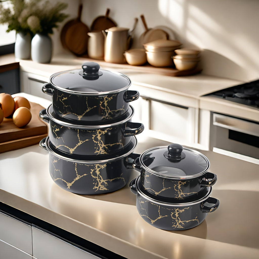 Juego de utensilios de esmalte de 5 piezas, ollas y sartenes duraderas para cocinas de gas, inducción y llama abierta