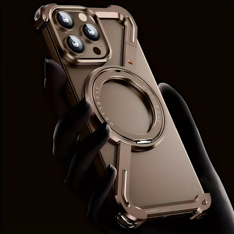 Aviation Aluminum Gold Phone Case for iPhone 13-16 Wireless Charging Magnetic Stand Durable Lightweight