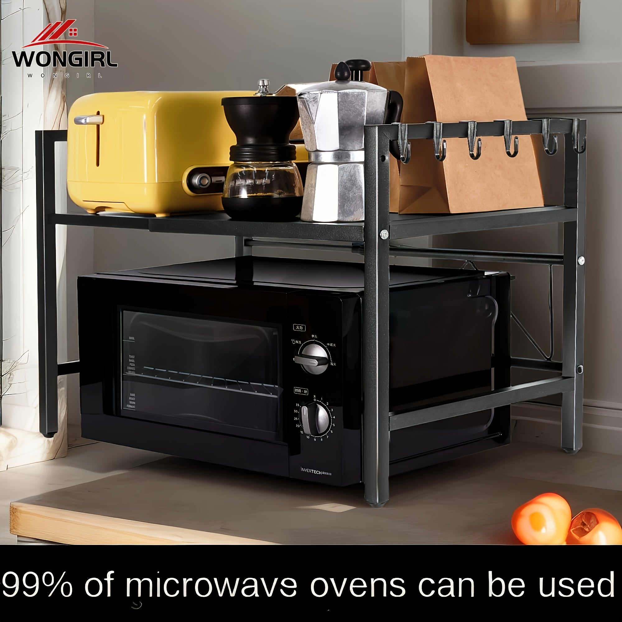 Полка для микроволновки с крючками, регулируемая, из углеродистой стали, кухонный органайзер