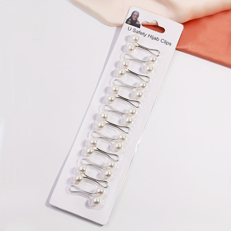 12 ta soxta marvaridli hijob pinlari to'plami, musulmon ayollar uchun U-shaklidagi xavfsizlik sharf kliplari, bosh sharf va shol uchun nafis brosh pinlari.