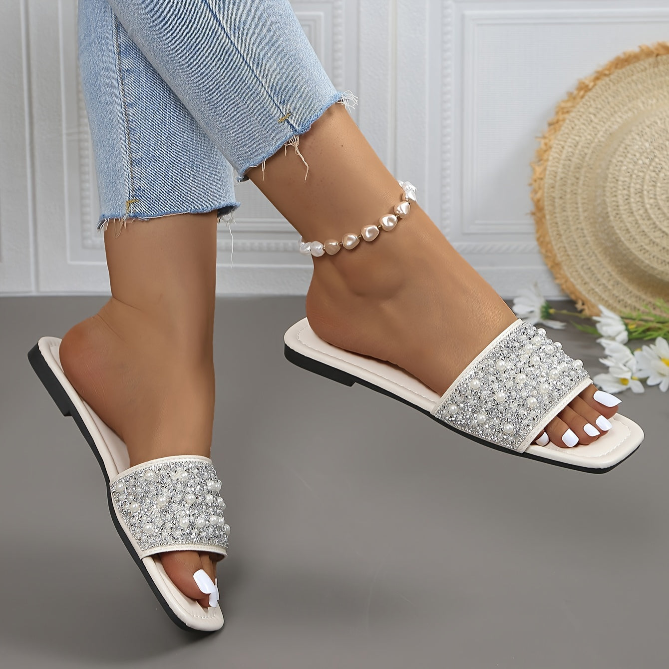 Women Summer Slide Sandals Faux Pearl Embellishments Flat Heel Casual Outdoor