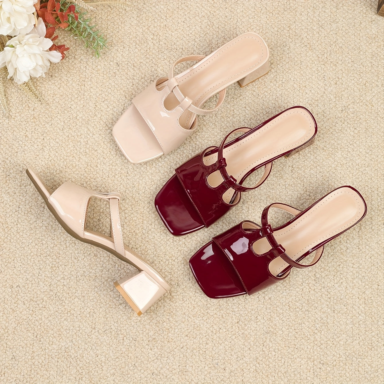 Women Summer Shoes Faux Cover Red Square Toe Mid-Heel Casual Rubber Sole