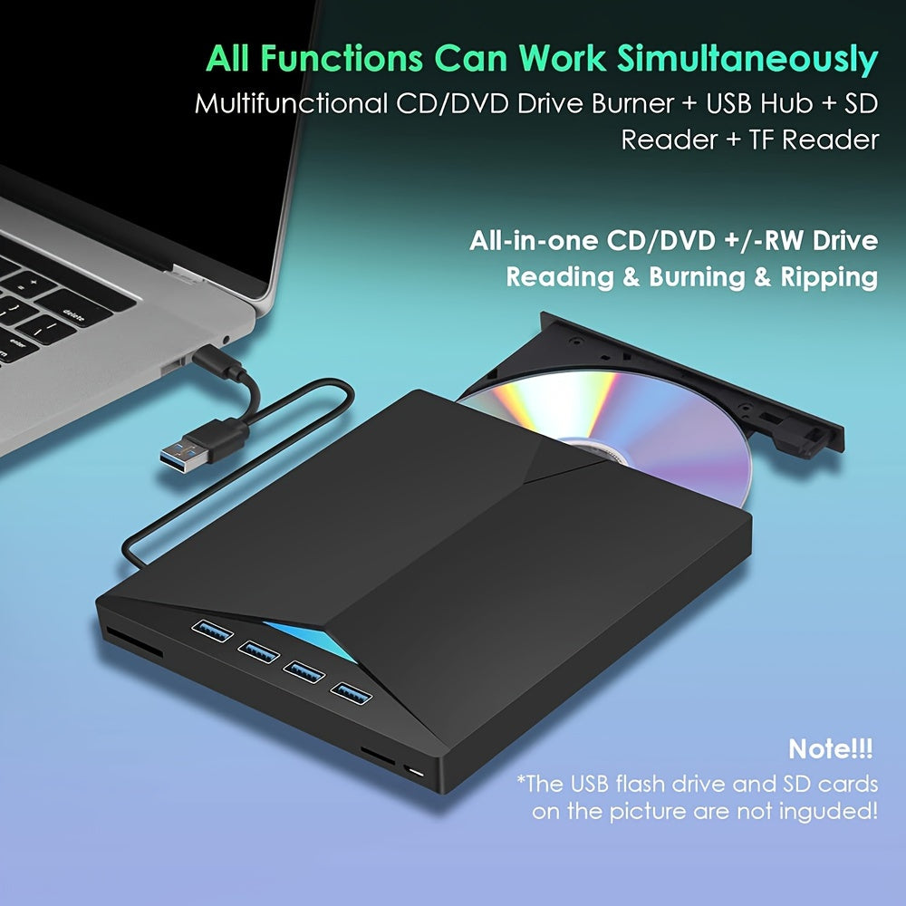 External 7-in-1 USB 3.0 Type-C External CD DVD Drive with Card Reader and USB Hub