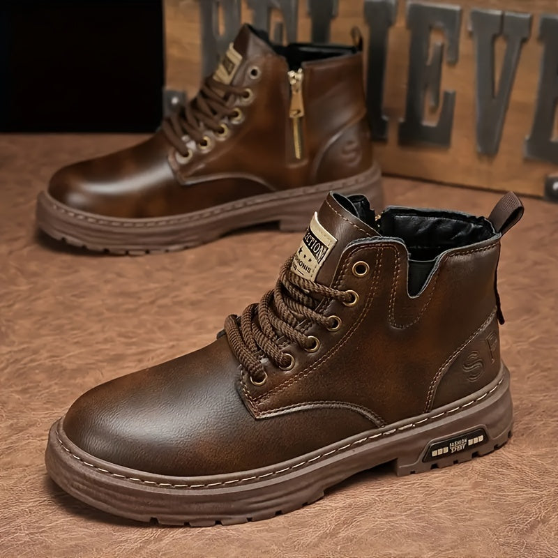 Men's Leather Lace-Up Boots with Zipper for Outdoor and Casual Wear