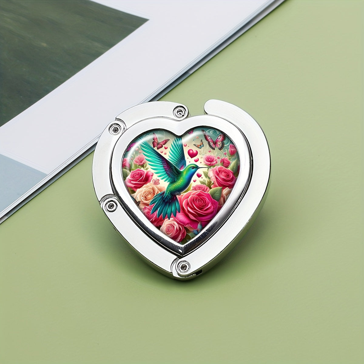 Foldable Hummingbird Heart-Shaped Purse Hanger Boho Chic Metal Handbag Hook