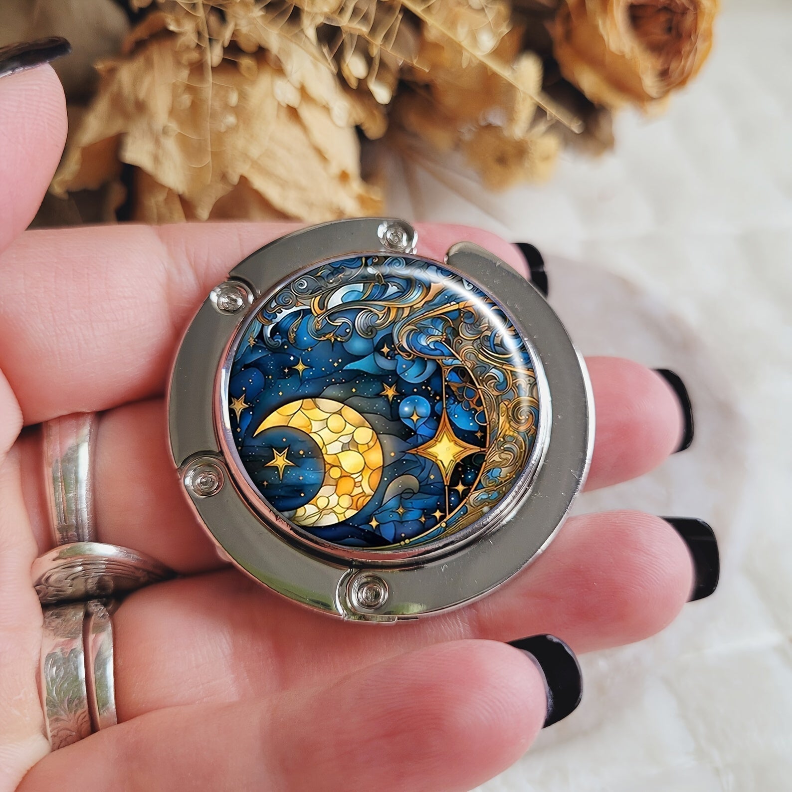 Moon and Stars Zinc Alloy Portable Bag Hook Foldable Handbag Hanger for Travel and Table Use