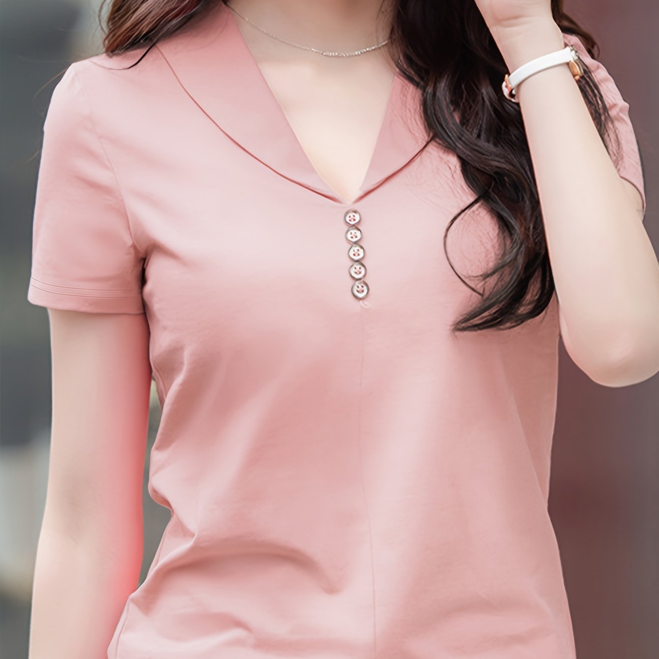 Women's Summer V-Neck T-Shirt Polyester Elastane Solid Color Regular Fit Knit Fabric Button Details