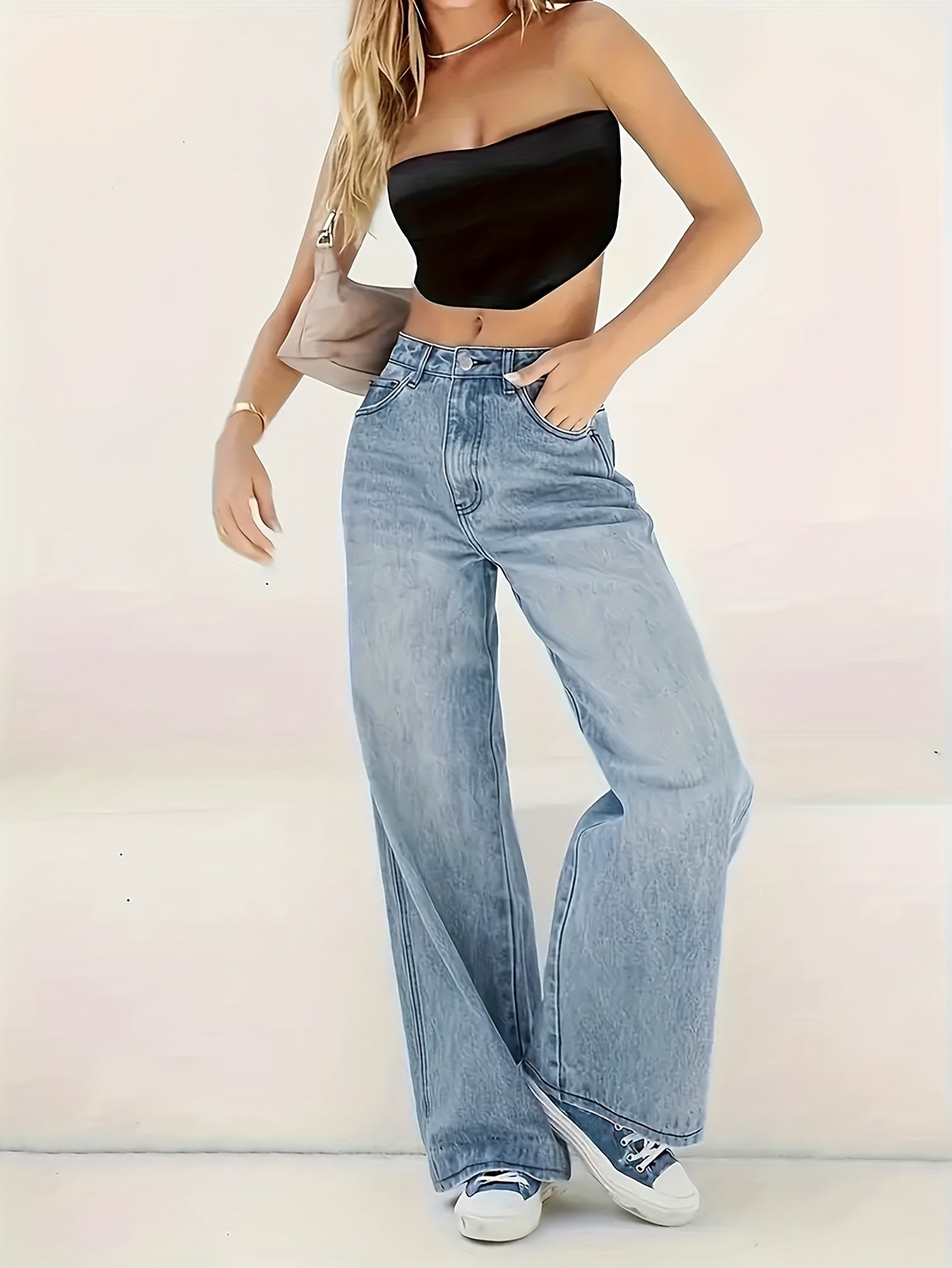 Women's Wide Leg Jeans in Washed Blue Denim Casual Long Fit