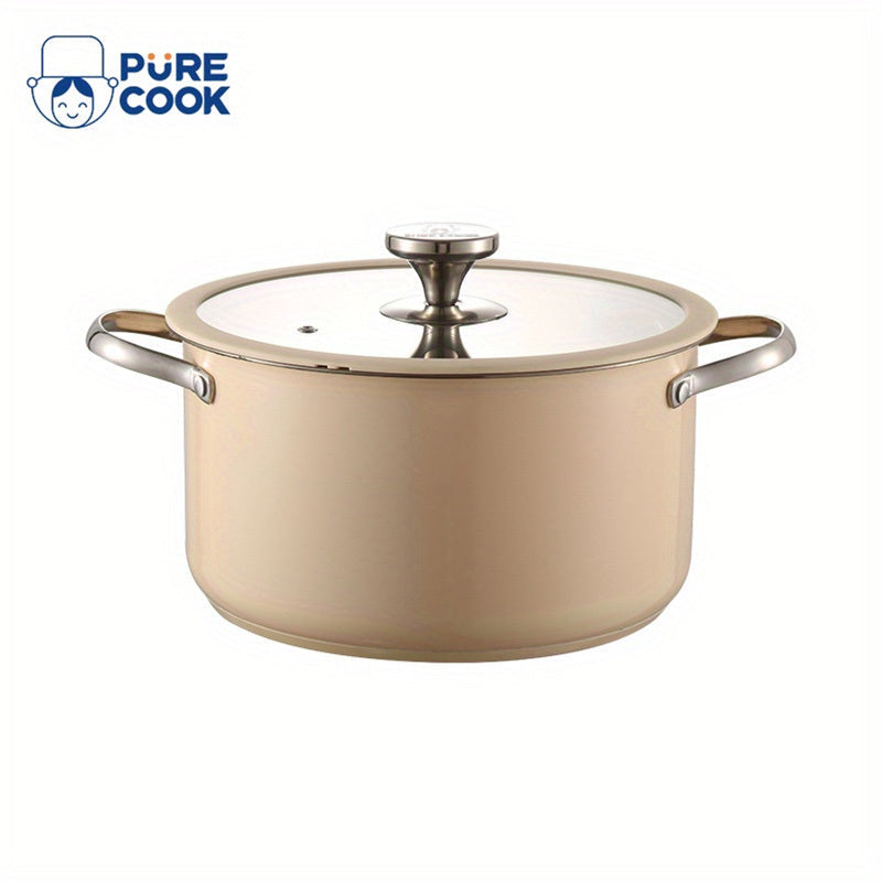 Cooking Pots Set with Glass Lids Stainless Steel Beige and White Compatible with Gas Stove