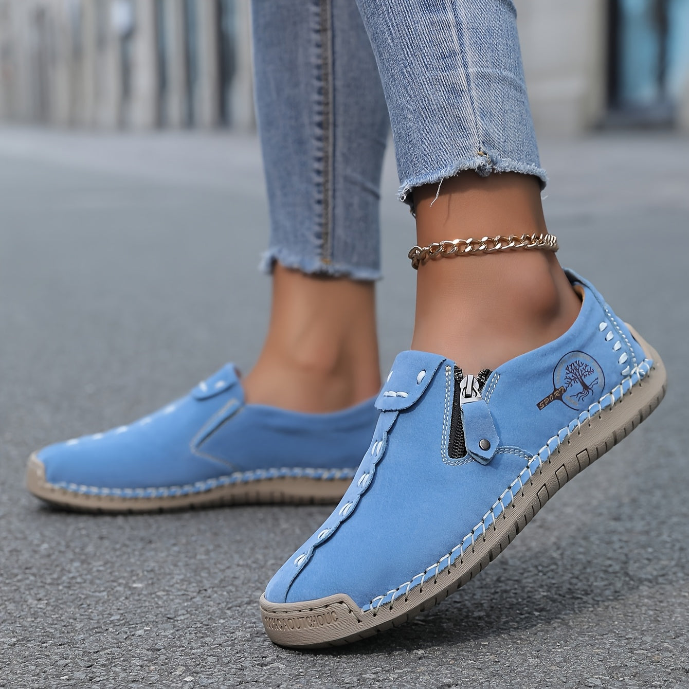 Women's Faux Leather Loafers with Elastic Panels Non-Slip Rubber Sole