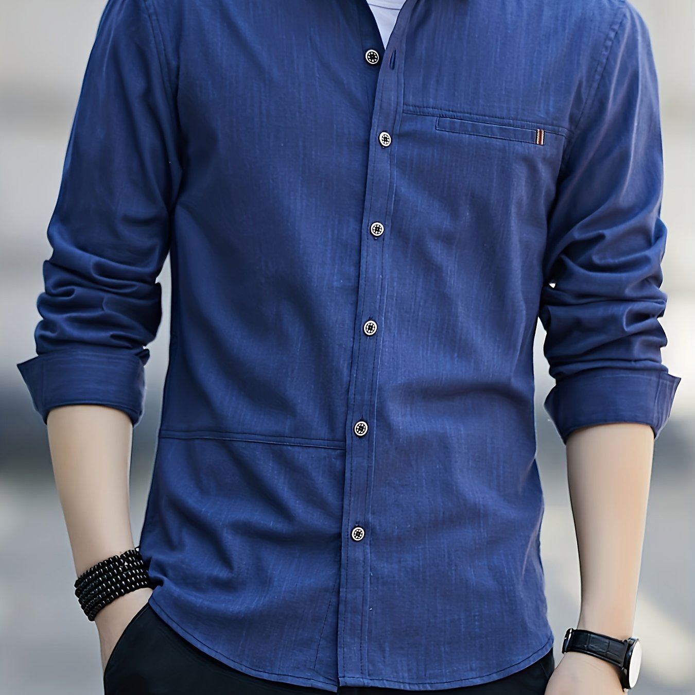 Men's Cotton Solid Long Sleeve Button Up Shirt for Casual Outdoor Wear