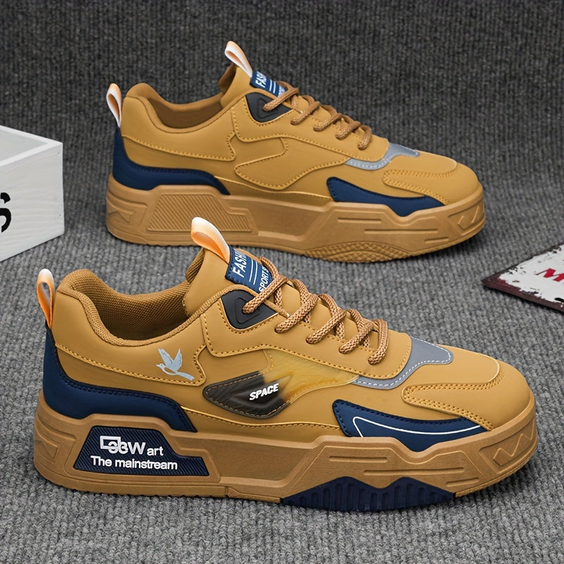 Men's Casual Sneakers with Thick Soles, Lace-Up, All-Season, Low Top, PU Upper