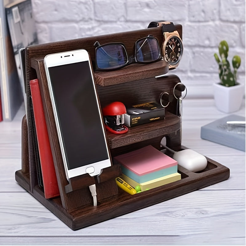 Organizador de accesorios de madera para teléfono para iPhone y dispositivos, almacenamiento ligero para cajón de escritorio