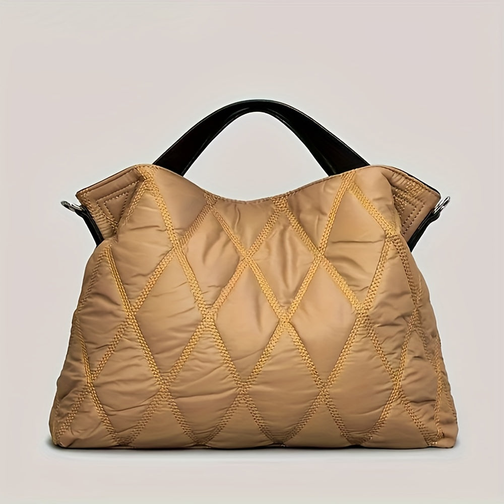 Bolso tote de nylon acolchado para mujer con diseño acolchado y patrón de cuadros