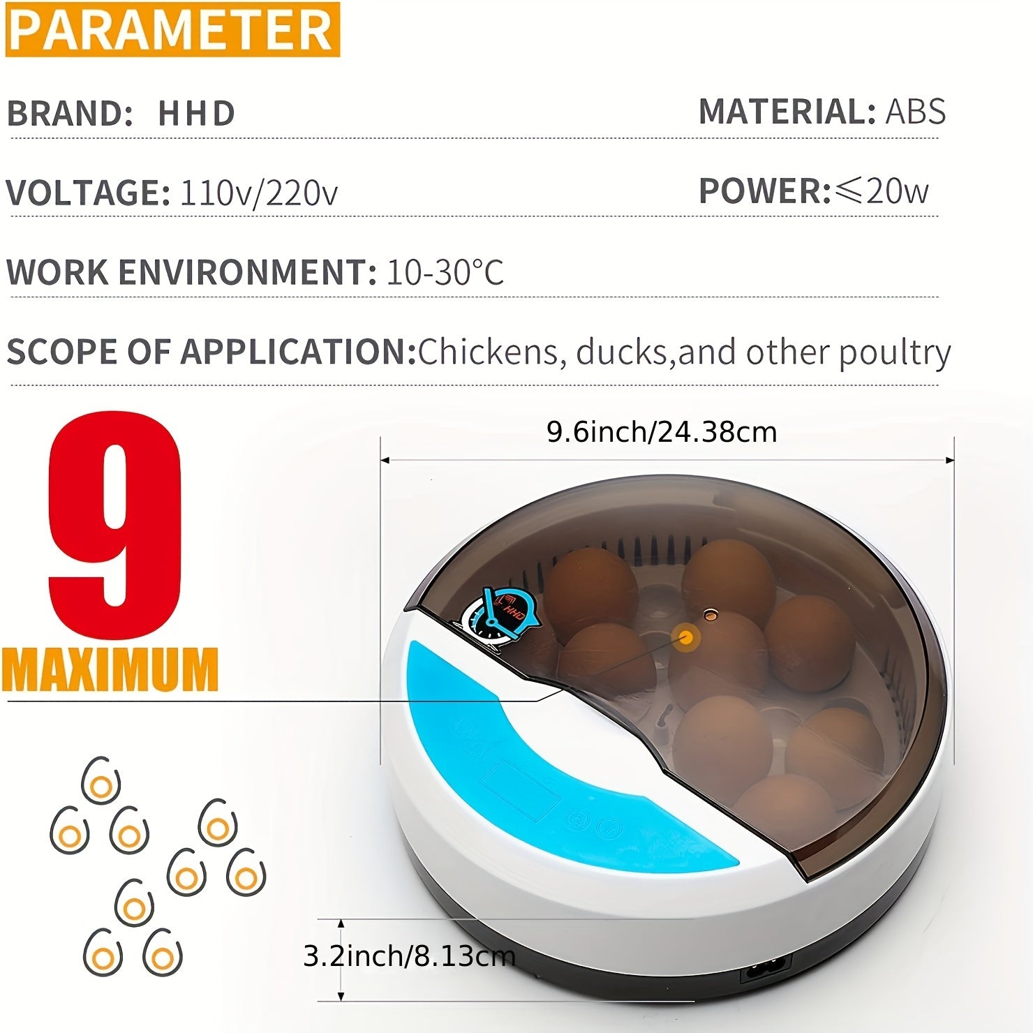 Yangi tuxum inkubatoru, havo aylanishi va bir xil isitish, LED yoritish, tovuq, o'rdak, quyon va hind tovuqlari tuxum qo'yish uchun mos.