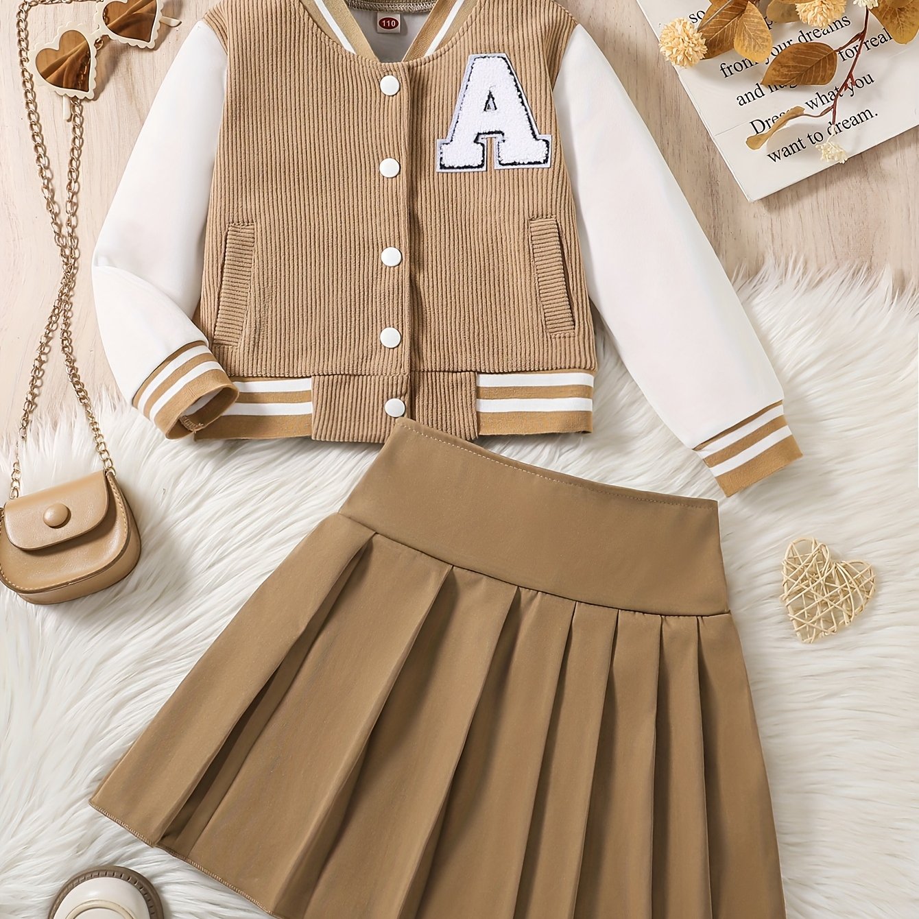 Kids' Polyester Baseball Jacket and Pleated Skirt Set for Girls Spring Fall