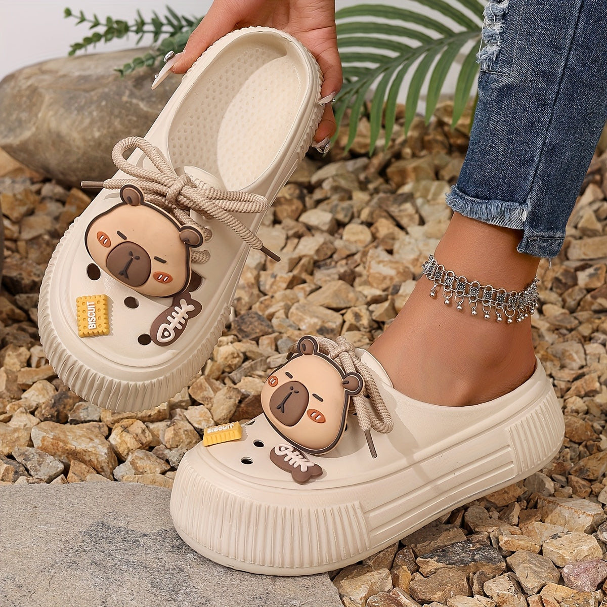 Women's Summer White EVA Clogs with Bear Charm and Thick Sole