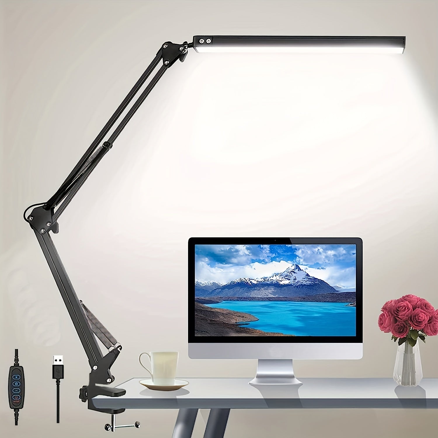 LED Desk Lamp with 3 Lighting Modes Clamp Metal Swing Arm 10 Brightness Levels