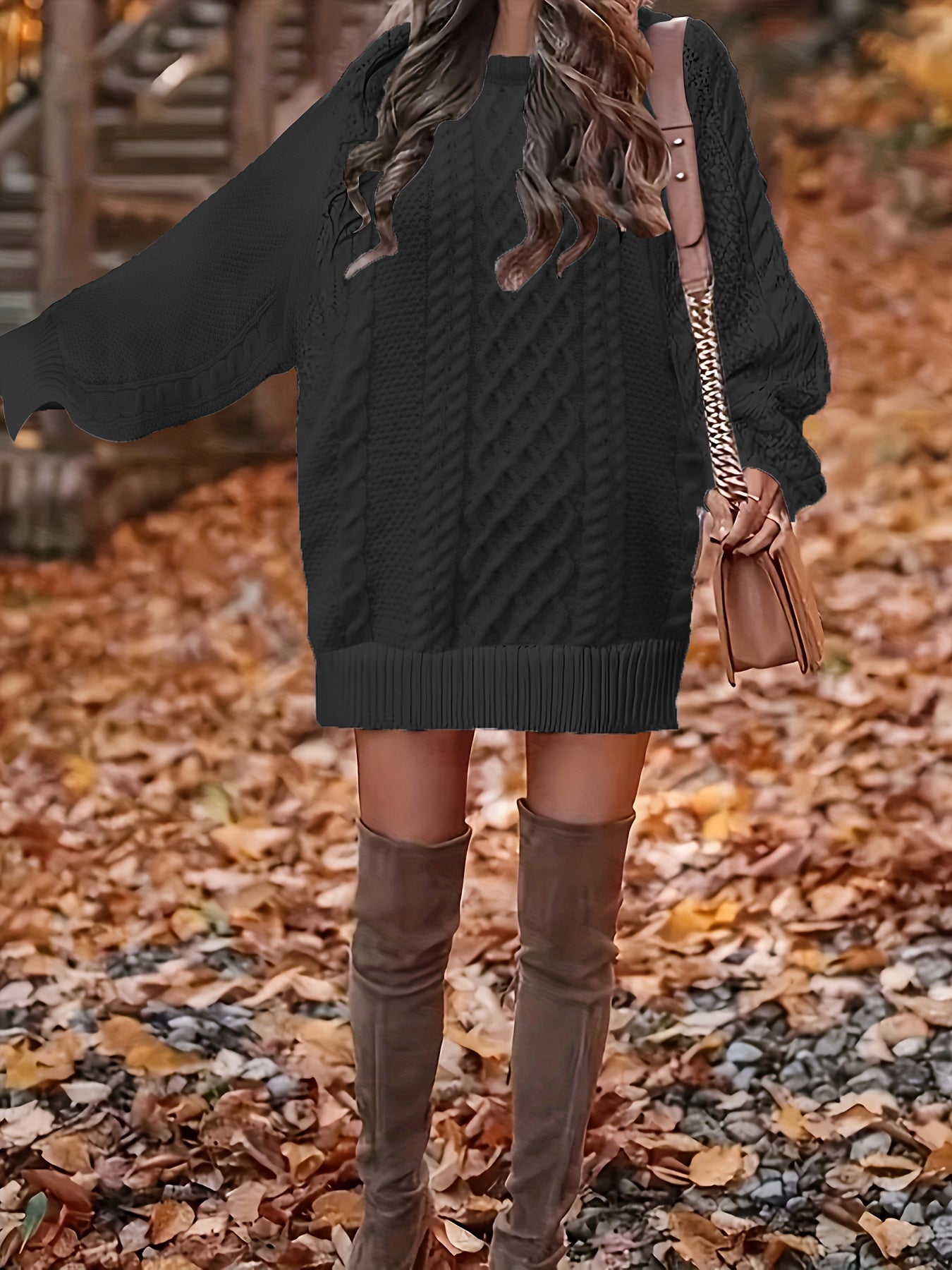 Women's Plus Size Cable Lantern Sleeve Sweater Dress Mini Fit