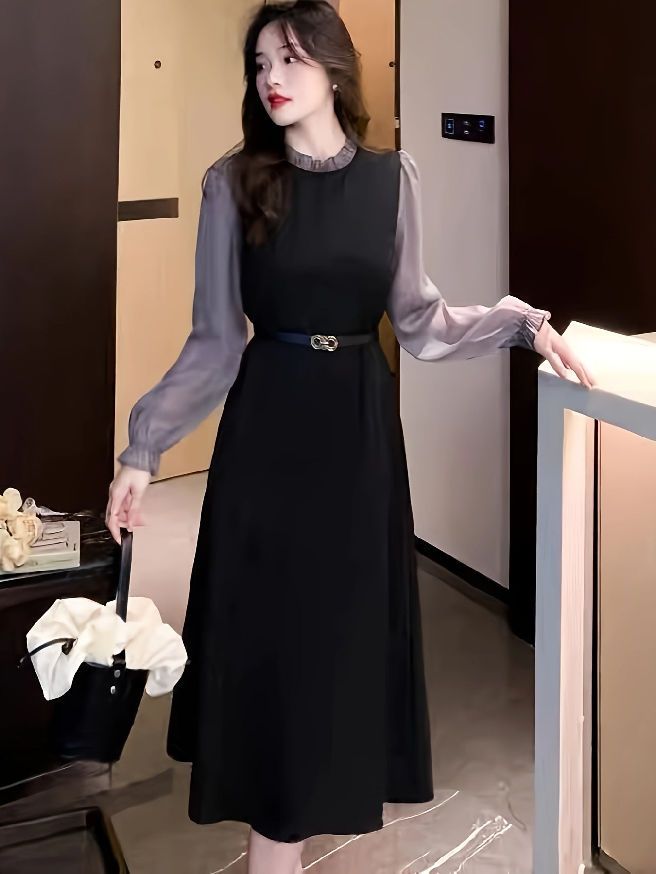 Color Block Ruffle Trim Dress Long Sleeve Aline Women's Spring Fall