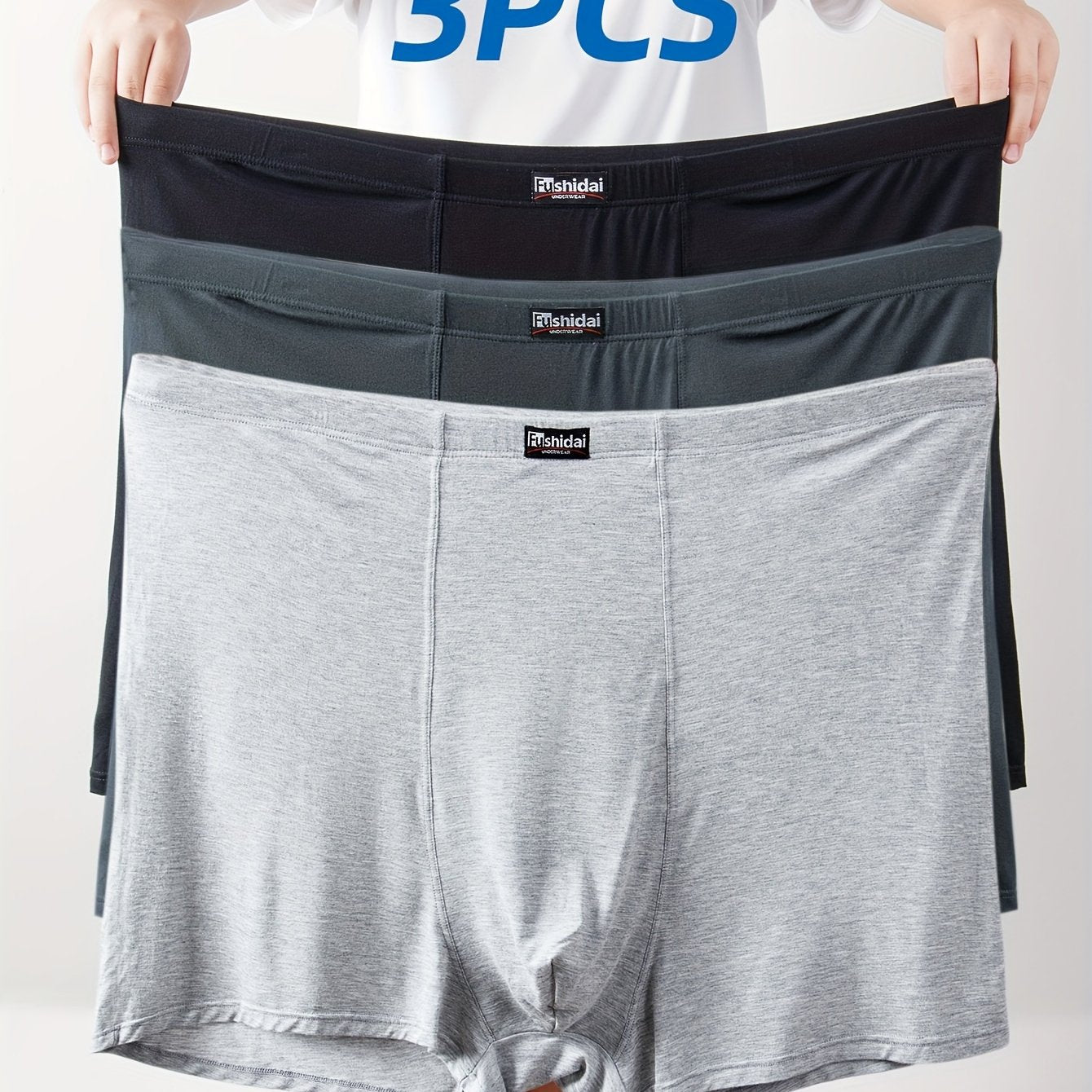 Men's Plus Size High-Waist Boxer Briefs Set 3 Pack Modal Spandex Dark Blue Gray Navy