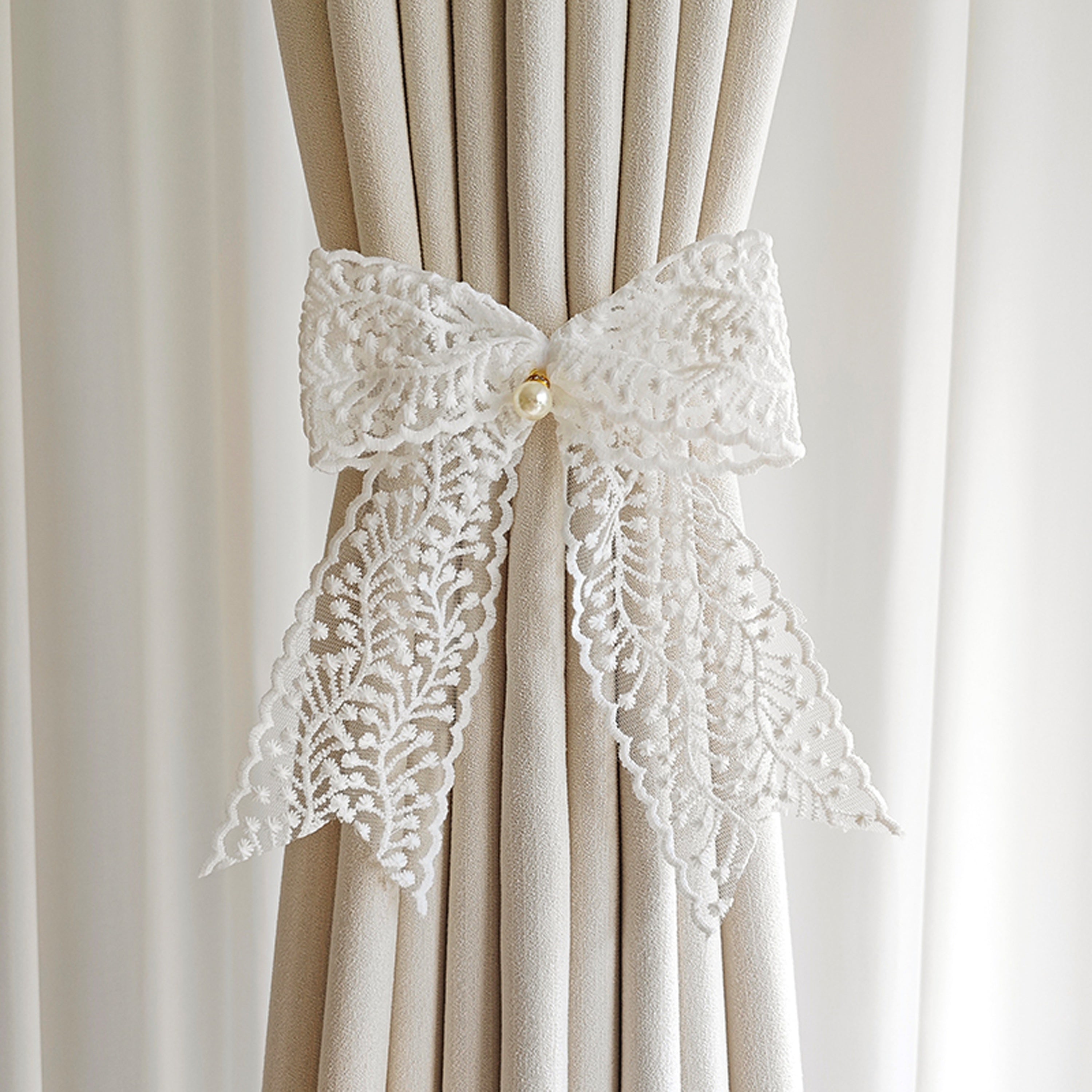 Set of 2 Lace Bow Curtain Tiebacks Adjustable Polyester Holdbacks for Heavy and Sheer Drapes