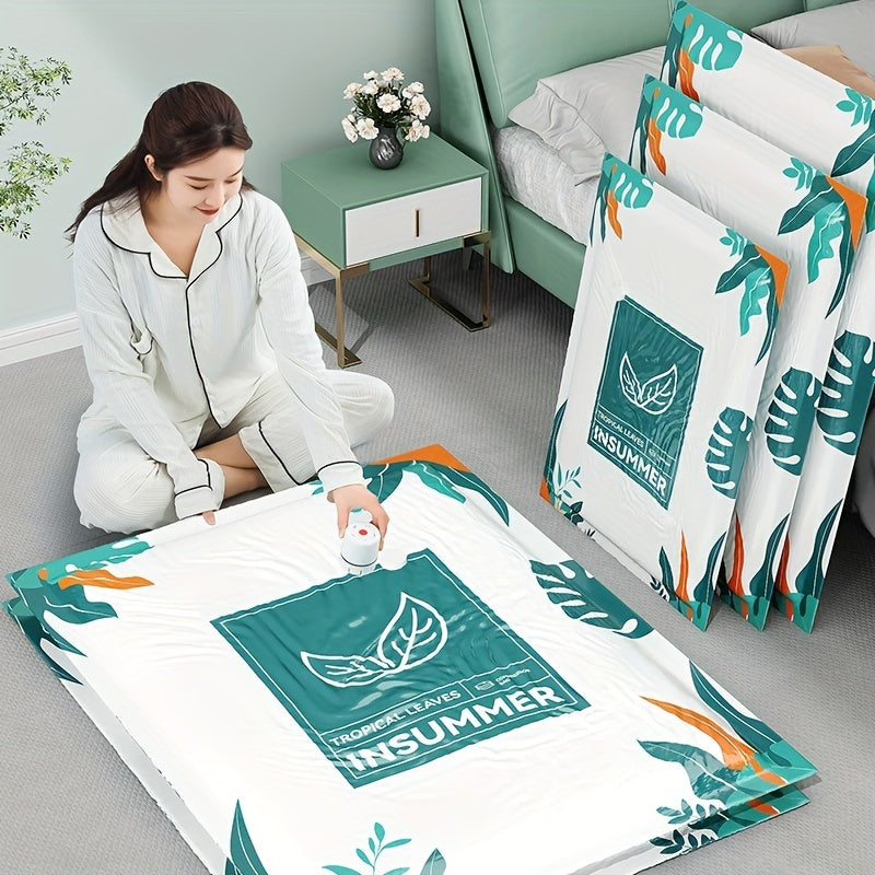 Bolsa de almacenamiento con compresión al vacío con patrón de hojas para ropa de cama, ropa, chaquetas de plumas, rectangular, manual, extracción de aire