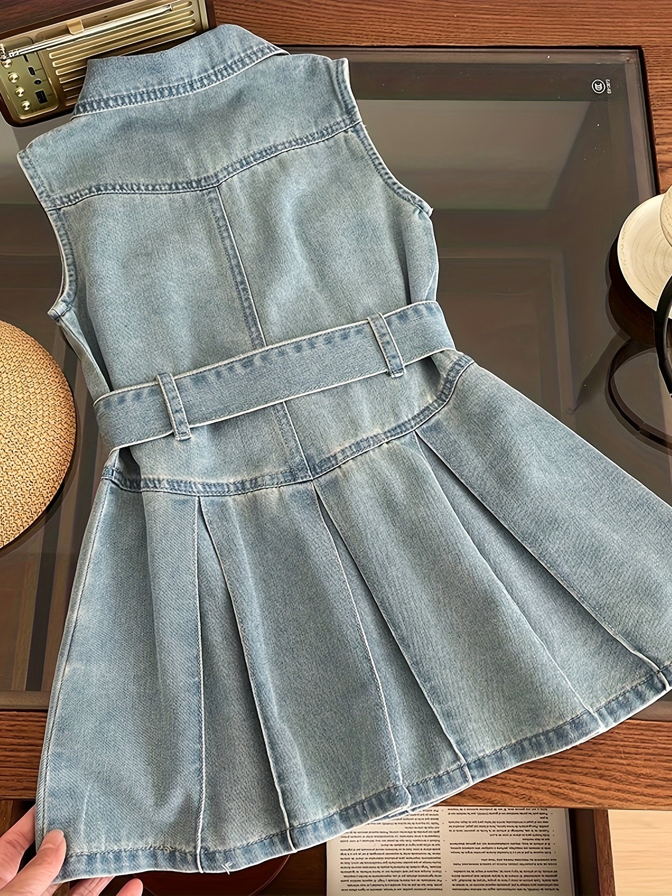 Girls Sleeveless Denim Dress with Waist Belt for Summer Casual Style