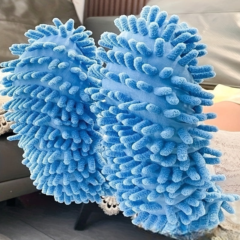 Blue and White Lace Pattern Plush Chenille Mop Slippers for Home Comfort