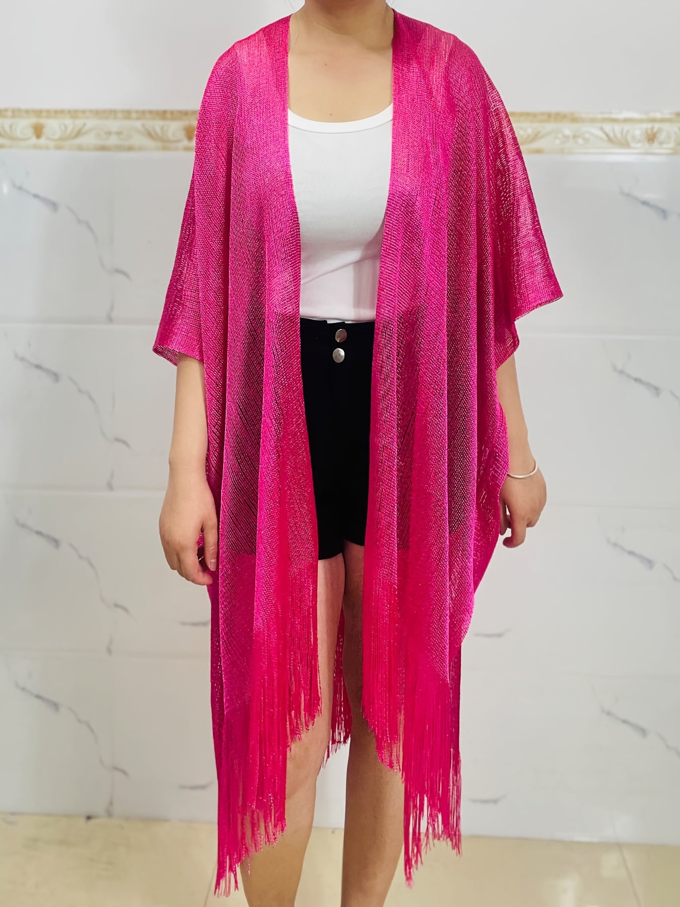 Chal de mujer de talla grande con flecos rosa, ligero, para verano y playa