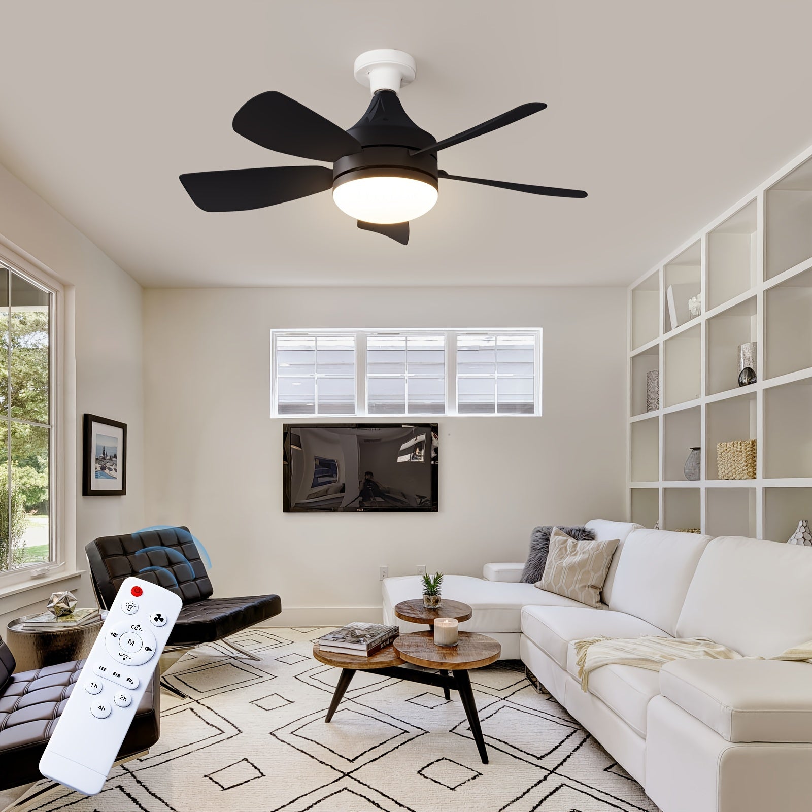 49.78cm Ceiling Fan with Light Remote Control Timer 3 Speeds 3 Color LED for Bedroom Kitchen Living Room