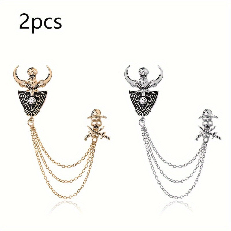 Set of 2 Gothic Skull Brooches with Vintage Bull and Pirate Designs in Gold and Silver Alloy