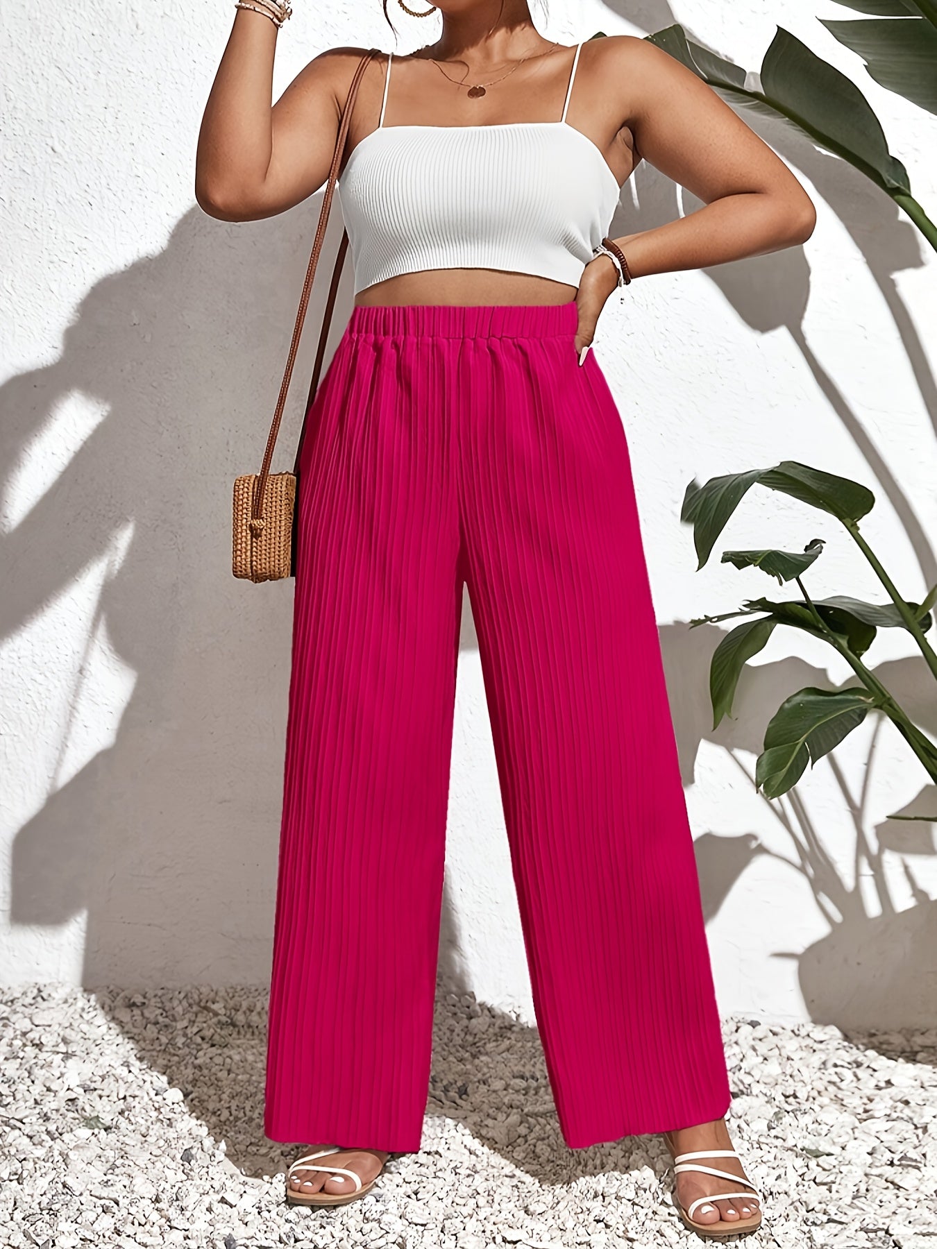 Women's Plus Size Textured High-Waist Wide-Leg Pants Solid Color