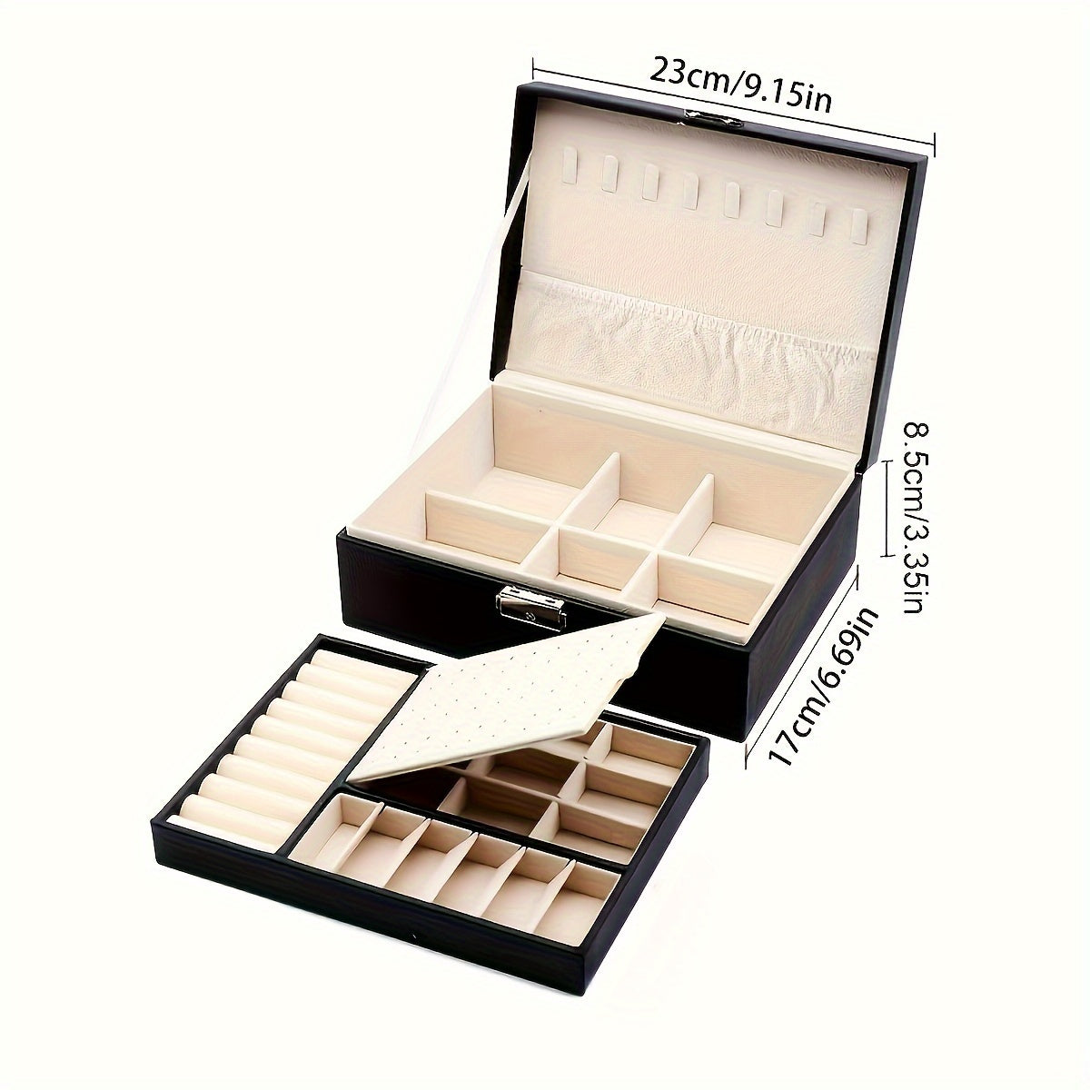 Yolgʻon charm bilan qulflangan ayollar aksessuarlari uchun ikki qavatli tashkilotchi bilan charm o‘ymakorlik qutisi