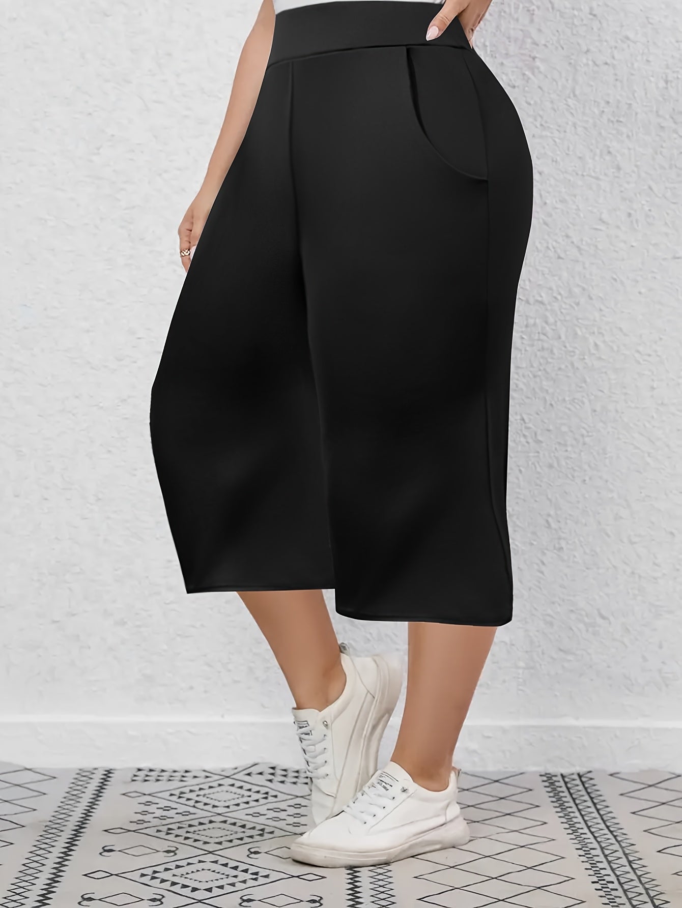 Капри для женщин больших размеров с эластичной тканью, однотонные, повседневные, средней посадкой, с карманами