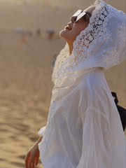 Chaqueta de manga larga con capucha y borde de encaje para mujer talla plus, color sólido, ropa exterior casual para todas las estaciones