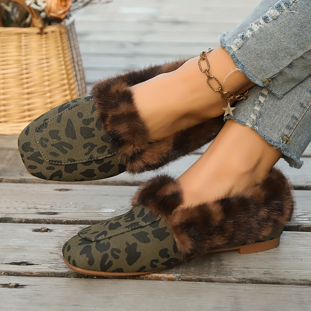 Women’s Leopard Print Plush Slippers Warm Faux Fur Indoor Shoes