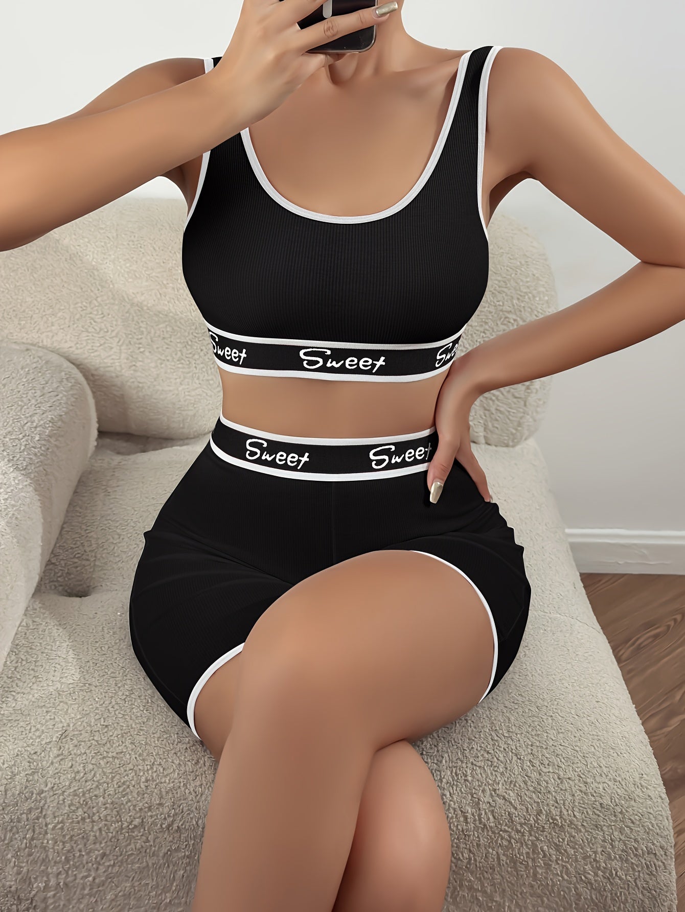 Women's Letter Print Lingerie Set Full Coverage Tank Bra and Boyshorts