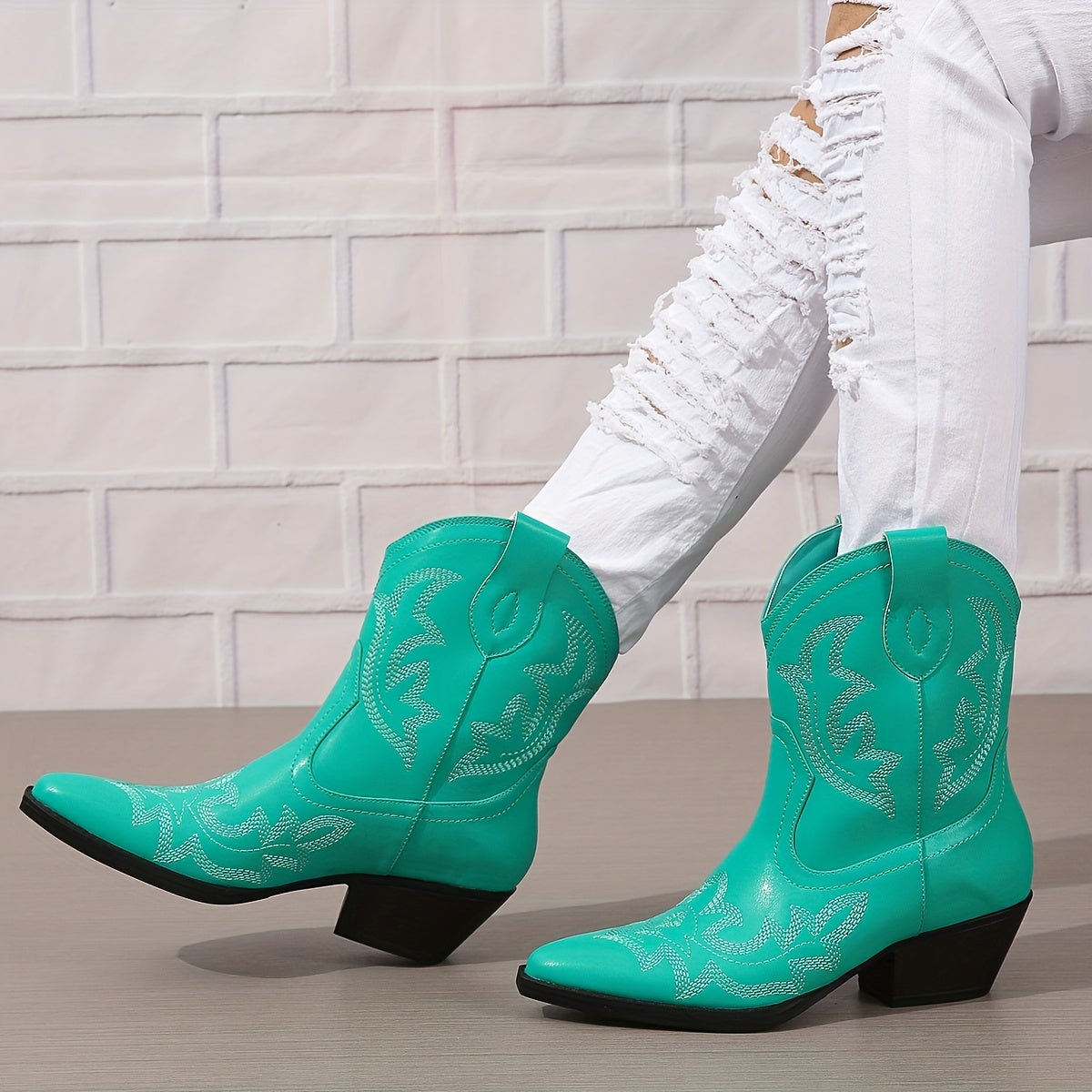 Women's Turquoise Ankle Boots Faux Cover Pointed Toe Block Heel Casual Shoes