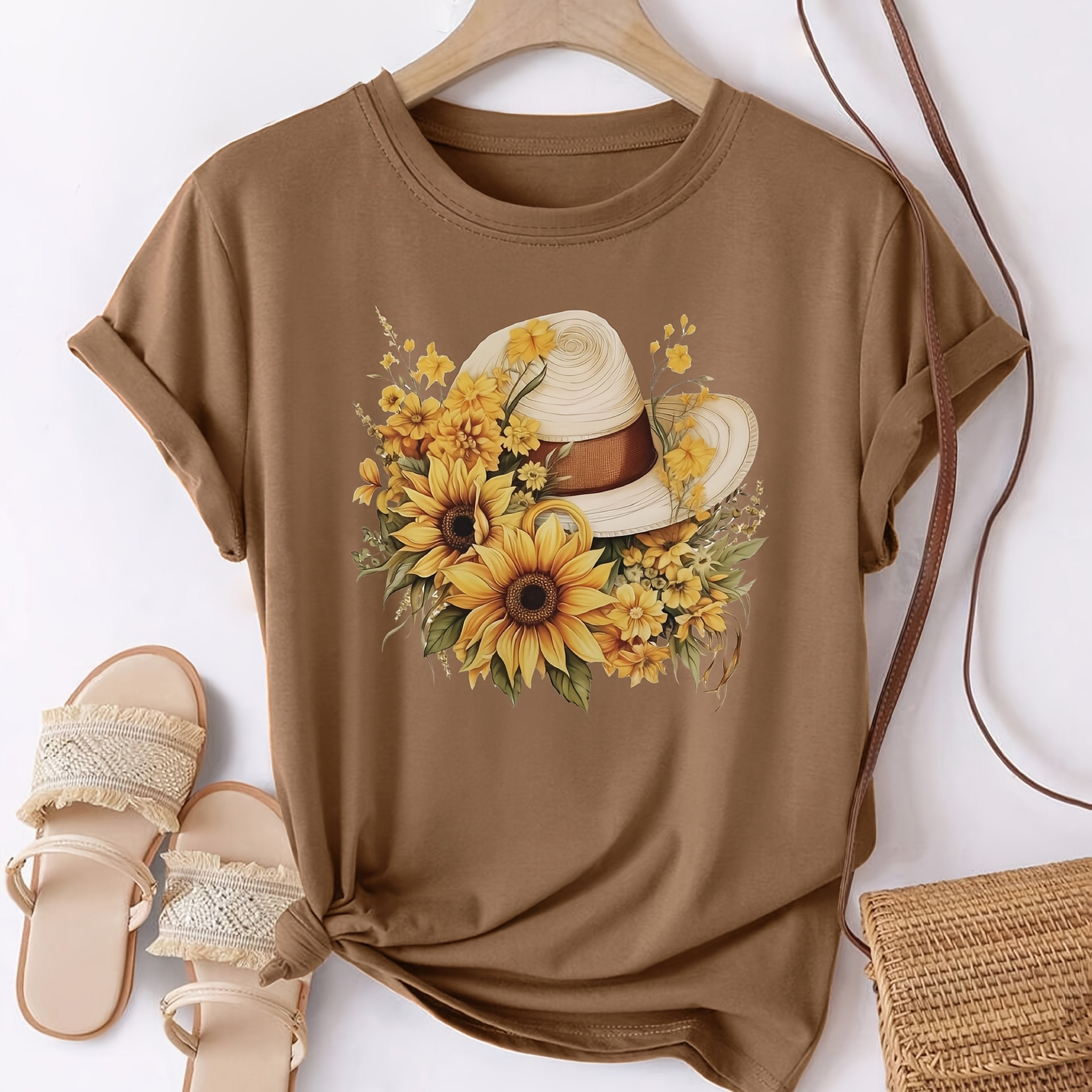 Plus Size Women's Cotton Short Sleeve T-Shirt Floral Sunflower Cowgirl Hat