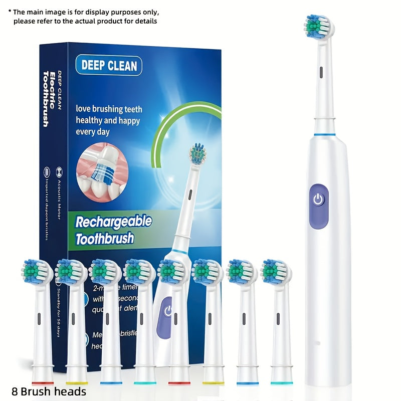 Electric Toothbrush Set with 8 Soft Nylon Replacement Heads Rechargeable Lithium Battery USB Charging Timer Beep Alert for Adults