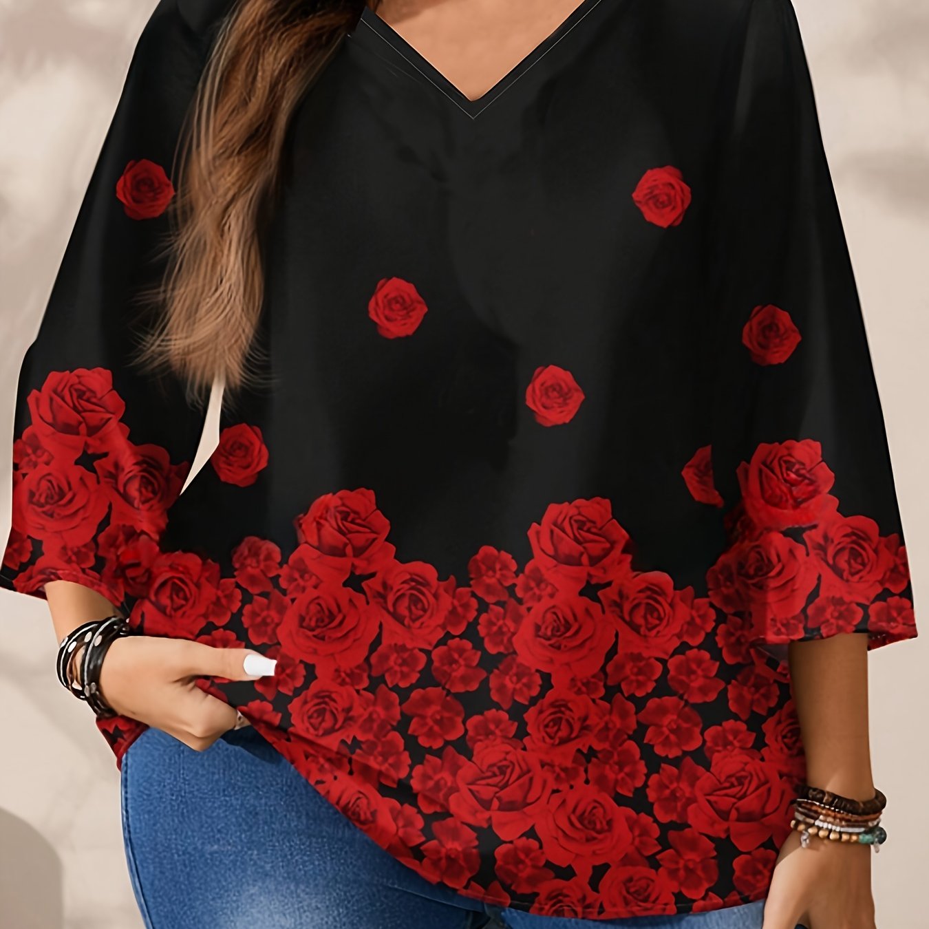 Plus Size Women's Rose Print 3/4 Sleeve T-Shirt