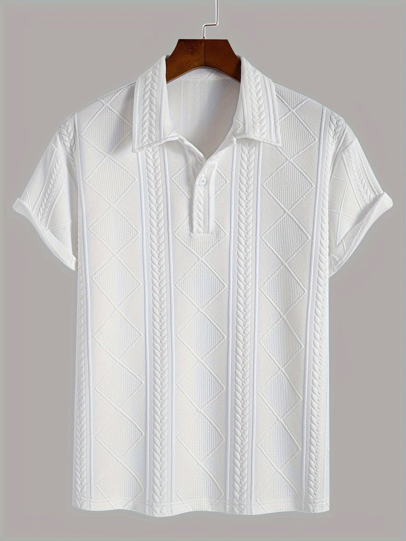 Camisa de algodón de manga corta para hombre con cuello de solapa y patrón geométrico, ropa casual de verano