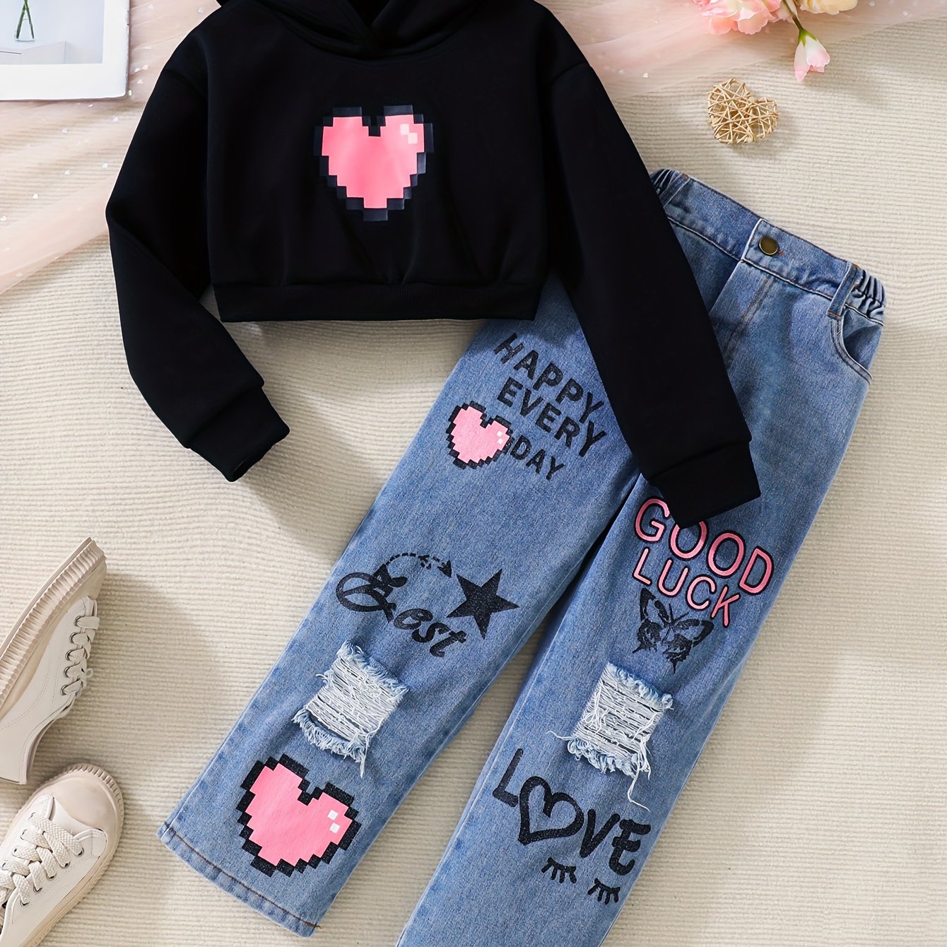 Girls' 2-Piece Set Hoodie and Jeans for Girls 12 and Under Fall Winter Casual