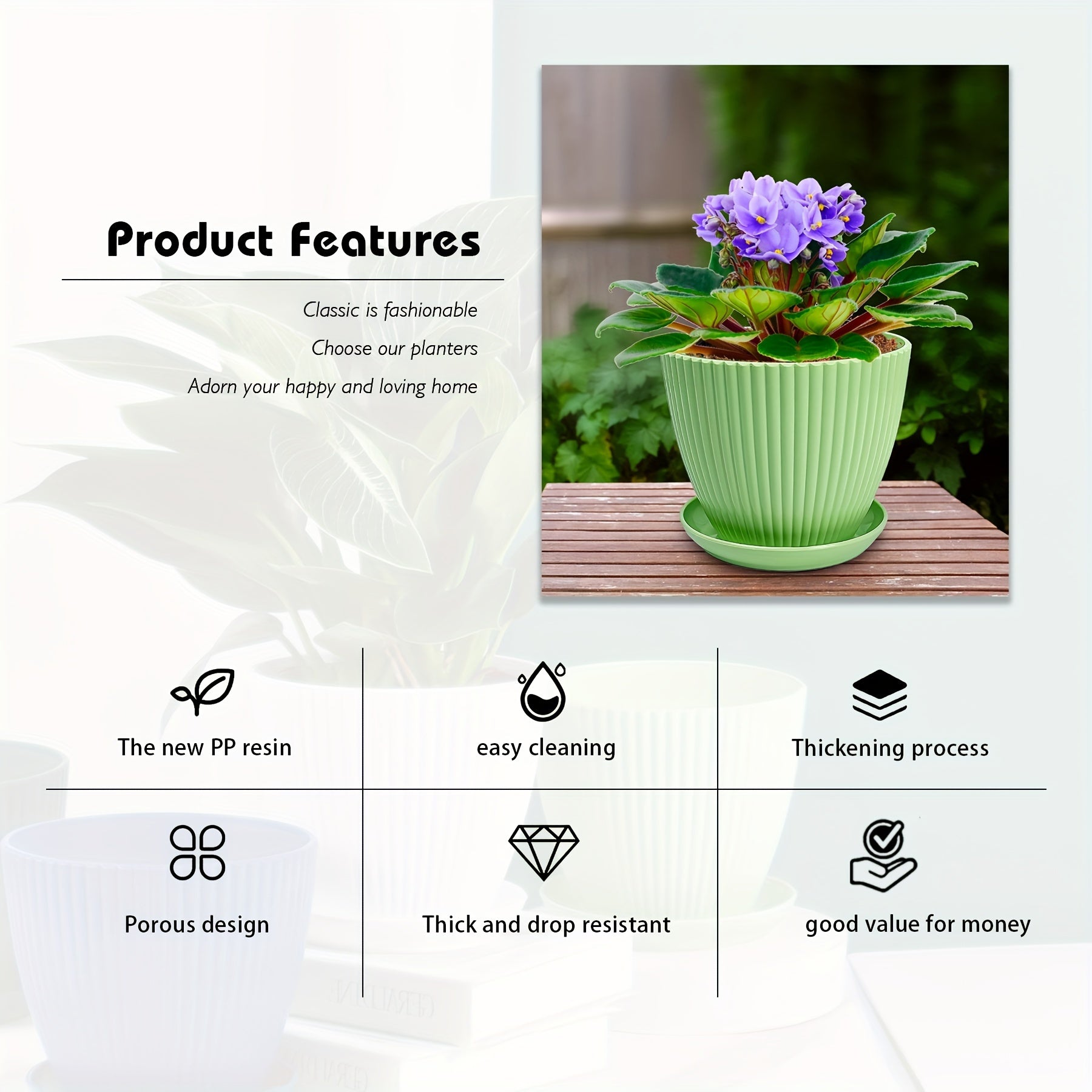 6 Pack Plastic Flower Pots with Saucers, 6 Sizes Indoor Outdoor Planters