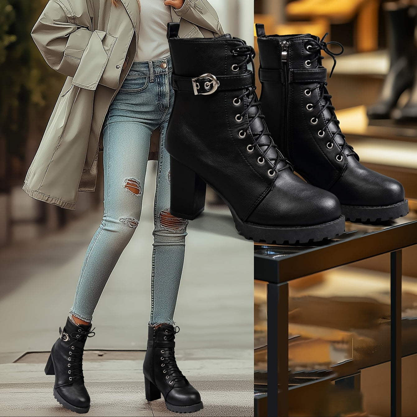 Women Mid-Heel Platform Boots Solid Color Round Toe Lace-Up