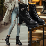 Женские ботинки на платформе с средним каблуком, однотонные, круглым носком, на шнуровке